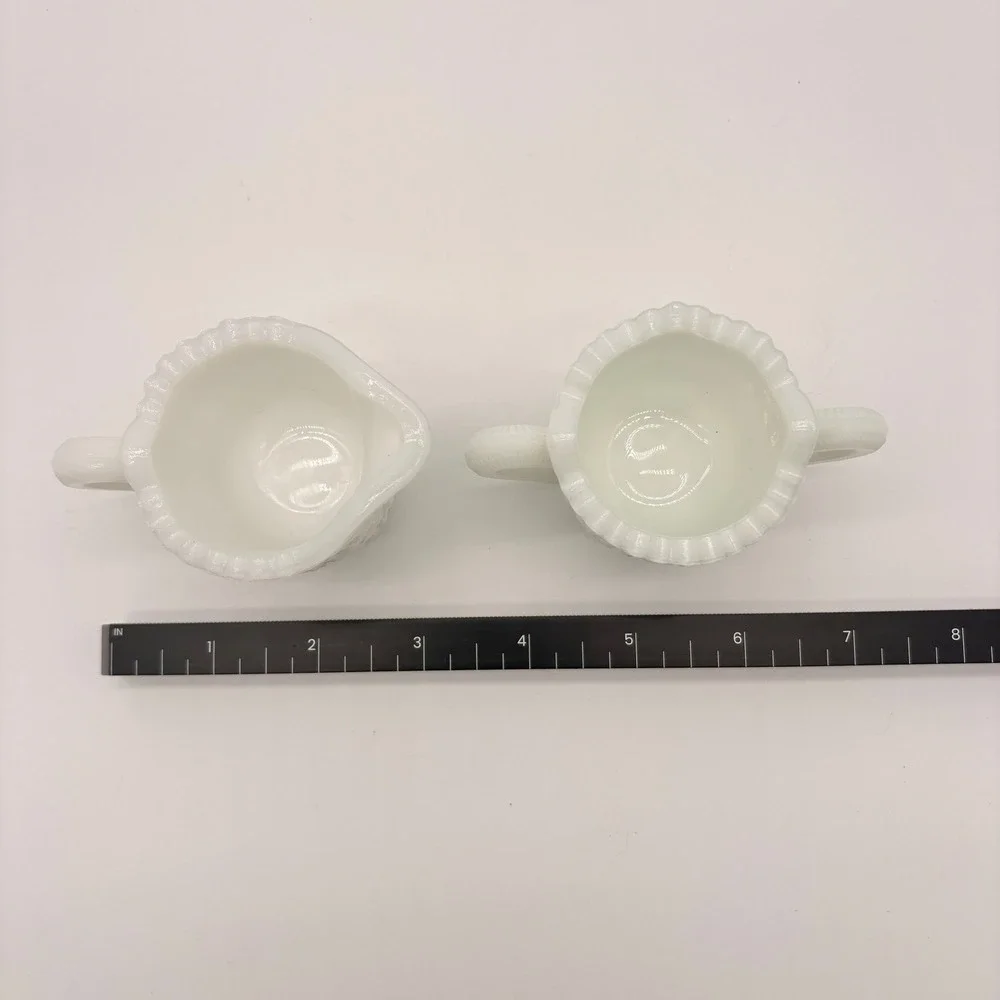 Vintage Milk Glass Creamer Sugar Bowl Set Diamond Point Starburst Farmhouse